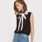 Black Lace Applique Collar Tie Neck Blouse 2017 Contrast Collar Sleeveless Blouse With Bow Button La