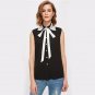 Black Lace Applique Collar Tie Neck Blouse 2017 Contrast Collar Sleeveless Blouse With Bow Button La