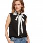 Black Lace Applique Collar Tie Neck Blouse 2017 Contrast Collar Sleeveless Blouse With Bow Button La