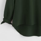 Army Green Embroidered Lace Panel Dip Hem Tie Cuff Blouse 2017 Round Neck Long Sleeve Contrast Mesh 
