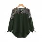 Army Green Embroidered Lace Panel Dip Hem Tie Cuff Blouse 2017 Round Neck Long Sleeve Contrast Mesh