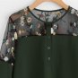 Army Green Embroidered Lace Panel Dip Hem Tie Cuff Blouse 2017 Round Neck Long Sleeve Contrast Mesh