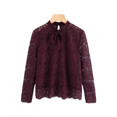 Long Sleeve Blouse Burgundy Stand Collar Tie Neck Bow Eyelash Lace Plain Top Women Elegant Blouse