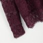 Long Sleeve Blouse Burgundy Stand Collar Tie Neck Bow Eyelash Lace Plain Top Women Elegant Blouse