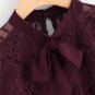 Long Sleeve Blouse Burgundy Stand Collar Tie Neck Bow Eyelash Lace Plain Top Women Elegant Blouse