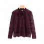 Long Sleeve Blouse Burgundy Stand Collar Tie Neck Bow Eyelash Lace Plain Top Women Elegant Blouse