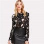 Black and White Tie Neck Star Print Blouse Stand Collar Long Sleeve Top 2018 Spring Women OL Work Ch