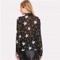 Black and White Tie Neck Star Print Blouse Stand Collar Long Sleeve Top 2018 Spring Women OL Work Ch