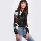 Black Flower Print Self Tie Bow Satin Blouse Women Long Sleeve Tunic Blouse Autumn 2017 Elegant Work