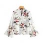 Floral Print V Neck Flare Sleeve Double Keyhole Blouse Band Collar Long Sleeve Sexy Ruffle Top 2017