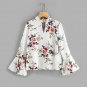 Floral Print V Neck Flare Sleeve Double Keyhole Blouse Band Collar Long Sleeve Sexy Ruffle Top 2017