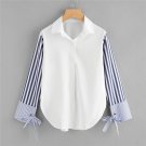 Colorblock Striped Sleeve Tie Detailed Blouse Button Long Sleeve Top 2018 Spring Women OL Work Blous