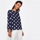 Bow Back Polka Dot Loose Blouse Women Navy Boat Neck Long Sleeve Sexy Blouse 2017 Casual Blouse For 