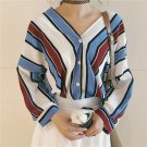 Autumn Summer Casual Women Shirts Three Quarter Sleeve Loose Striped V-Neck Korea Blouse Shirt Blue 