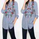 New Casual Cotton Women\'s Floral Embroidered Blouse Autumn Casual Long Sleeve Striped Shirt Tops Si