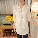 New Summer  Women Blouse Flower Print Blouse V-neck Organza Embroidered Shirt White Lace Blouse 566F