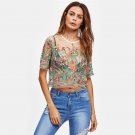 Sexy Blouses for Women Buttoned Keyhole Botanical Embroidered Mesh Top Summer Multicolor Short Sleev