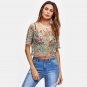 Sexy Blouses for Women Buttoned Keyhole Botanical Embroidered Mesh Top Summer Multicolor Short Sleev