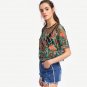 Sexy Blouses for Women Buttoned Keyhole Botanical Embroidered Mesh Top Summer Multicolor Short Sleev