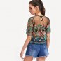 Sexy Blouses for Women Buttoned Keyhole Botanical Embroidered Mesh Top Summer Multicolor Short Sleev