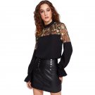 Embroidered Mesh Yoke Bell Cuff Casual Top 2017 New Fashion Womens Black Long Sleeve Tunic Tops for 