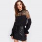 Embroidered Mesh Yoke Bell Cuff Casual Top 2017 New Fashion Womens Black Long Sleeve Tunic Tops for