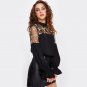 Embroidered Mesh Yoke Bell Cuff Casual Top 2017 New Fashion Womens Black Long Sleeve Tunic Tops for