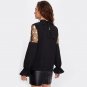 Embroidered Mesh Yoke Bell Cuff Casual Top 2017 New Fashion Womens Black Long Sleeve Tunic Tops for