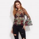 Embroidery Blouse Long Sleeve Summer Sexy Boho Blouse Black Fluted Sleeve Botanical Embroidered Tull