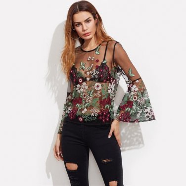 Embroidery Blouse Long Sleeve Summer Sexy Boho Blouse Black Fluted Sleeve Botanical Embroidered Tull