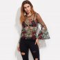 Embroidery Blouse Long Sleeve Summer Sexy Boho Blouse Black Fluted Sleeve Botanical Embroidered Tull