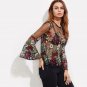 Embroidery Blouse Long Sleeve Summer Sexy Boho Blouse Black Fluted Sleeve Botanical Embroidered Tull