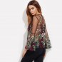 Embroidery Blouse Long Sleeve Summer Sexy Boho Blouse Black Fluted Sleeve Botanical Embroidered Tull