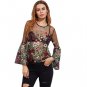 Embroidery Blouse Long Sleeve Summer Sexy Boho Blouse Black Fluted Sleeve Botanical Embroidered Tull