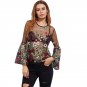 Embroidery Blouse Long Sleeve Summer Sexy Boho Blouse Black Fluted Sleeve Botanical Embroidered Tull