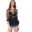 Sexy Blouses for Women Black Three Quarter Length Sleeve Flower Embroidered Mesh Overlay 2 In 1 Pepl