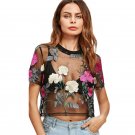 Flower Embroidered Mesh Blouse Summer Womens Tops and Blouses Black Round Neck Short Sleeve Sexy Cro