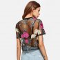 Flower Embroidered Mesh Blouse Summer Womens Tops and Blouses Black Round Neck Short Sleeve Sexy Cro