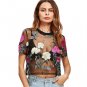 Flower Embroidered Mesh Blouse Summer Womens Tops and Blouses Black Round Neck Short Sleeve Sexy Cro