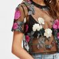Flower Embroidered Mesh Blouse Summer Womens Tops and Blouses Black Round Neck Short Sleeve Sexy Cro