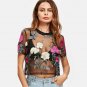 Flower Embroidered Mesh Blouse Summer Womens Tops and Blouses Black Round Neck Short Sleeve Sexy Cro