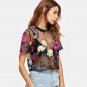 Flower Embroidered Mesh Blouse Summer Womens Tops and Blouses Black Round Neck Short Sleeve Sexy Cro