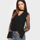 V Neck Floral Blouse Women Tops Embroidered Mesh Sleeve Choker Neck Blouse Black Long Sleeve Elegant