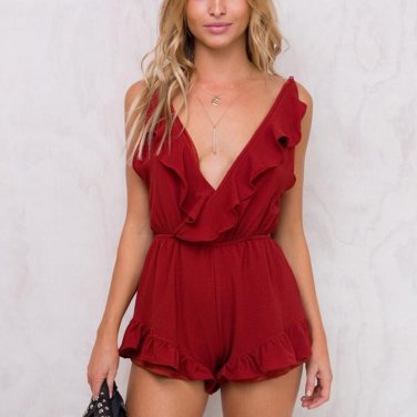 2018 New Summer Women Spaghetti Strap Sexy Rompers Ruffles V-neck Backless Jumpsuits Ladies Casual S