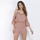 Women Elegant Lace Stitching Rompers Jumpsuit 2018 Summer Spaghetti Strap Off Shoulder Flare Sleeve 