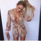 4 Colors Sexy Fashion Bodysuit Jumpsuit Women Sequined Deep V-Neck Low Cut Short Bottom Overalls Sex