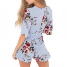 Fashion Women Deep V-Neck Ruffles Floral Skinny Jumpsuits Sexy Short Sleeve Casual Summer  Rompers