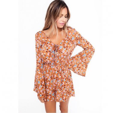 Singwing Printed women\'s V-neck speaker long sleeve Jumpsuits Rompers Chiffon Summer flare sleeve R