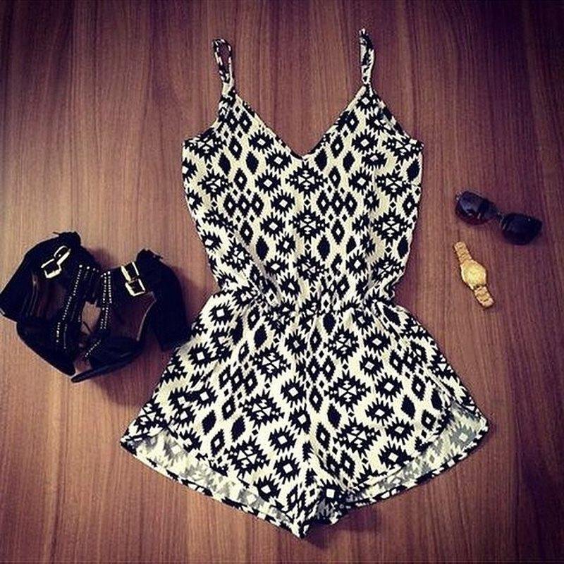 2018 Summer Sexy Women Jumpsuit Strap Geometric Print V-Neck Backless Party Rompers Bodysuit Casual
