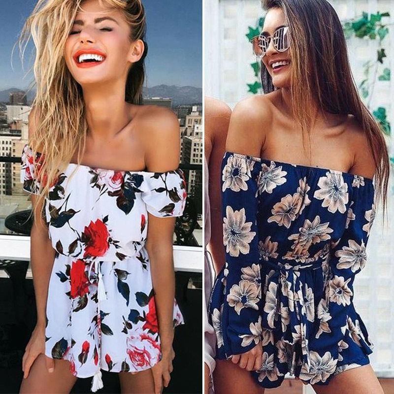 Sexy Women Summer Clubwear Floral Off Shoulder Beach Playsuit Party Jumpsuit Romper Short Trousers